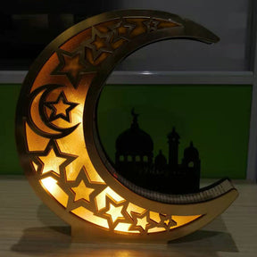 Wooden Eid Mubarak Mirror Golden Moon Castle Hollow Letters with LED Lights Crafts Faizan Cart