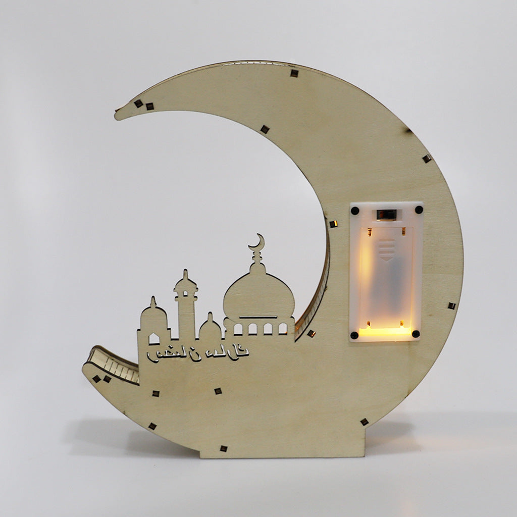 Wooden Eid Mubarak Mirror Golden Moon Castle Hollow Letters with LED Lights Crafts Faizan Cart