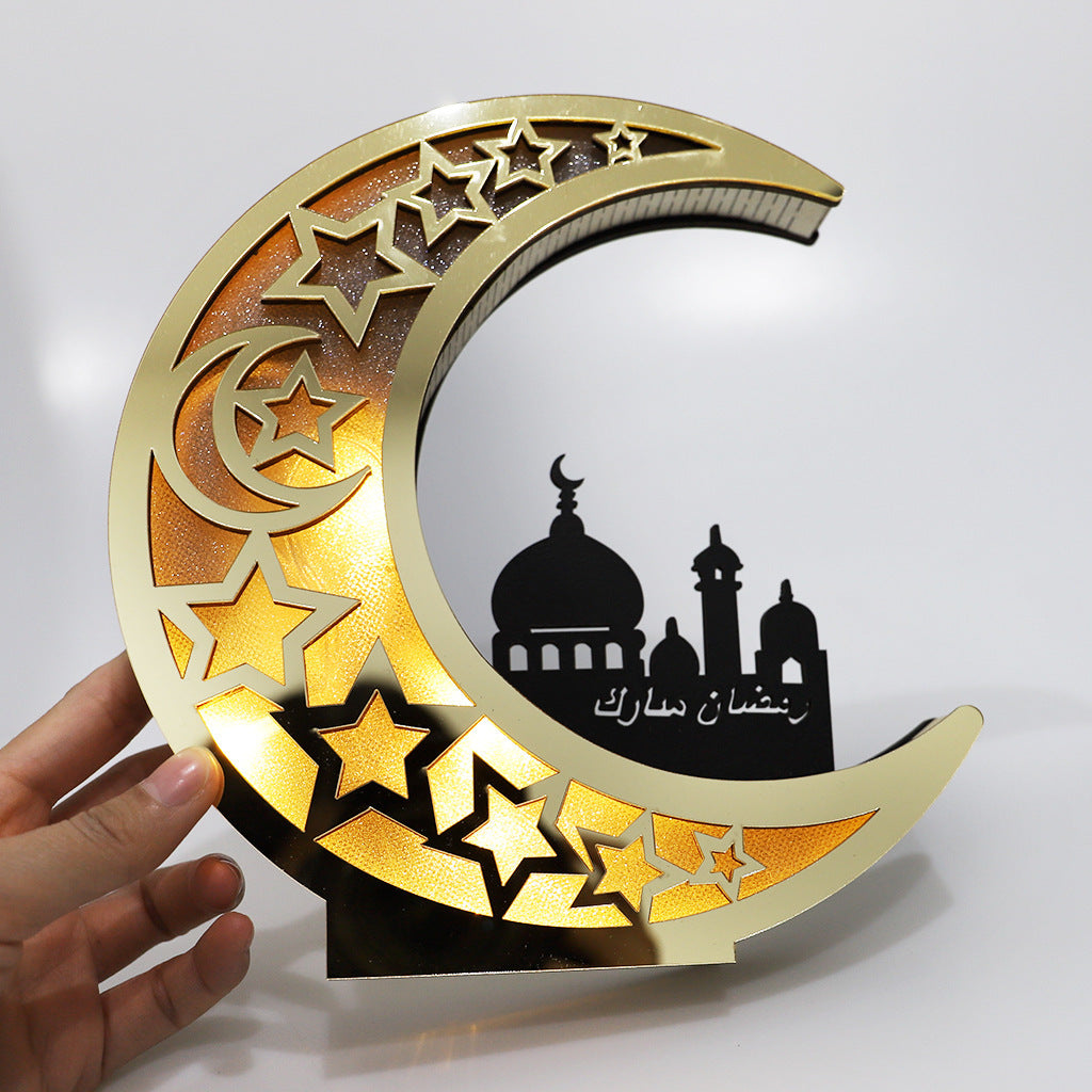 Wooden Eid Mubarak Mirror Golden Moon Castle Hollow Letters with LED Lights Crafts Faizan Cart