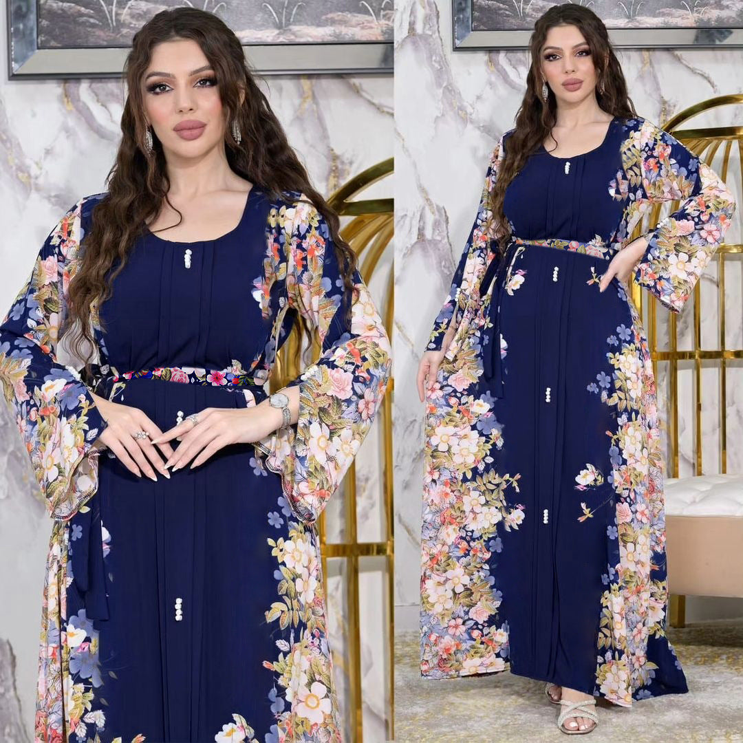 Beautiful Blue Colour Abaya Dress with Colorful Print Abaya Design Q2