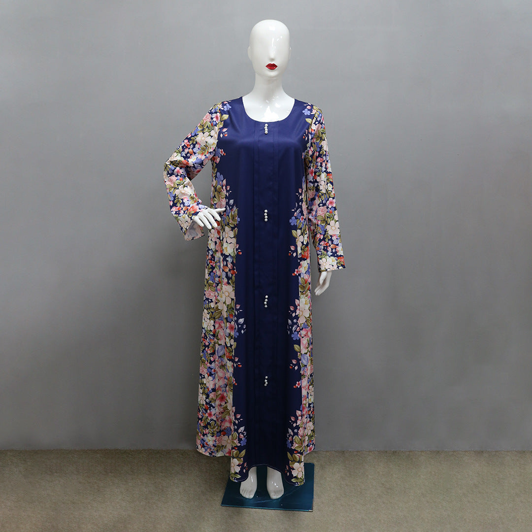 Beautiful Blue Colour Abaya Dress with Colorful Print Abaya Design Q2